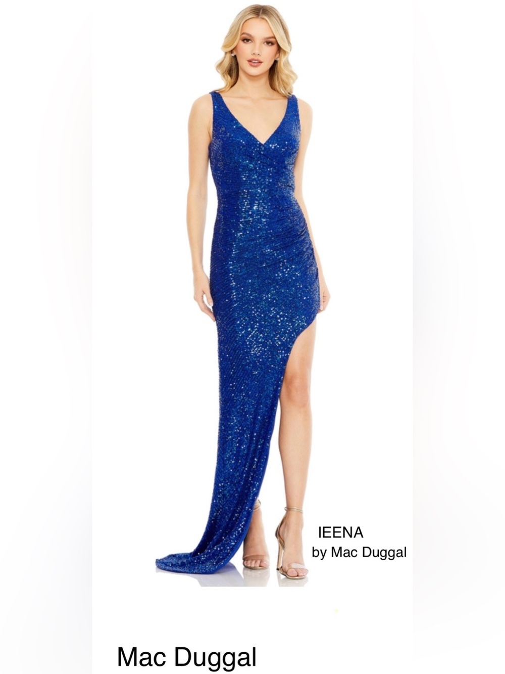 Mac Duggal “IEENA” Cobalt Blue Sequined V-Neck Asymmetrical Gown, NWT, Size 10